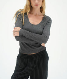LNA Jacinda Lurex Rib Long Sleeve Top - Black