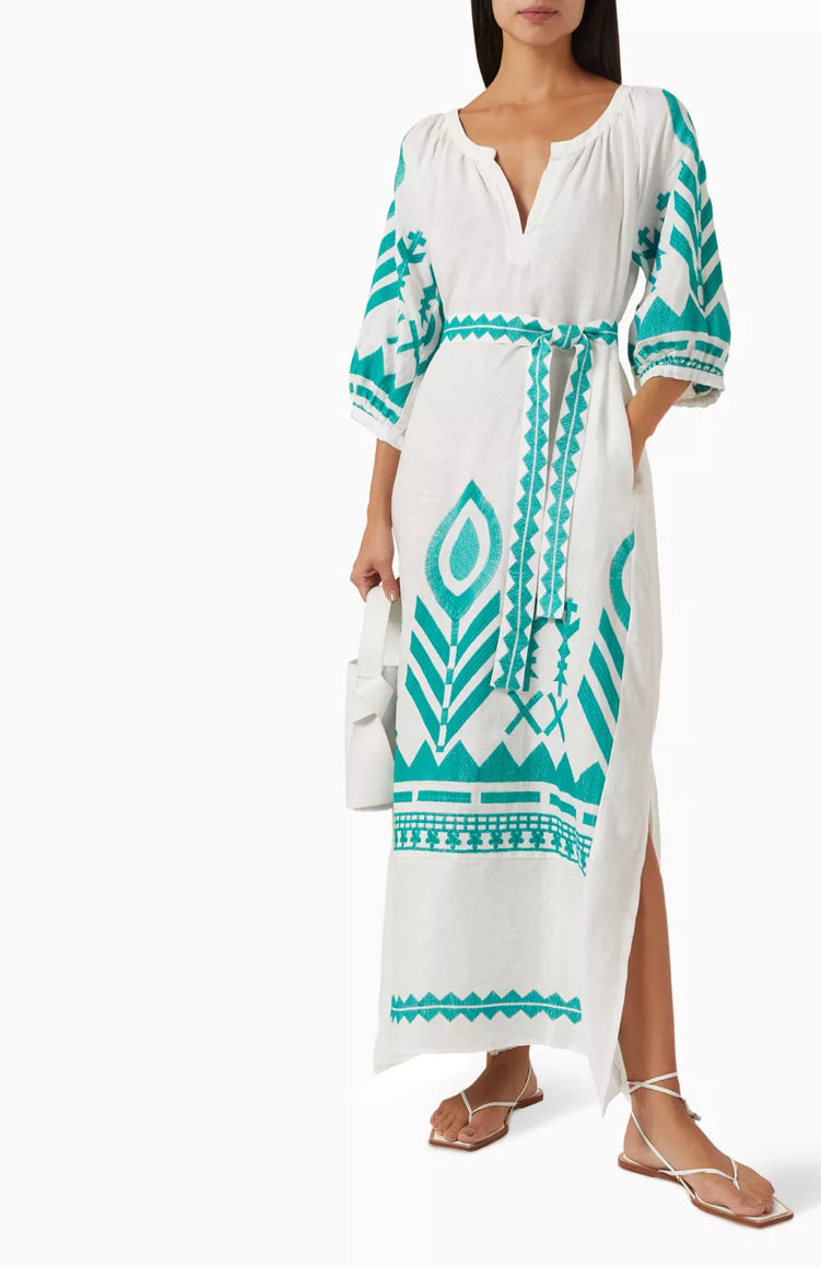 Greek Archaic Kori Feather Belted Maxi Dress - White/Emerald