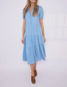 Sail To Sable Chambray Puff Sleeve Button Front Midi