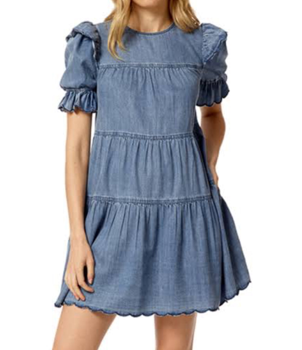 Stellah Washed Denim Puff-Sleeve Tiered Mini Dress - Denim