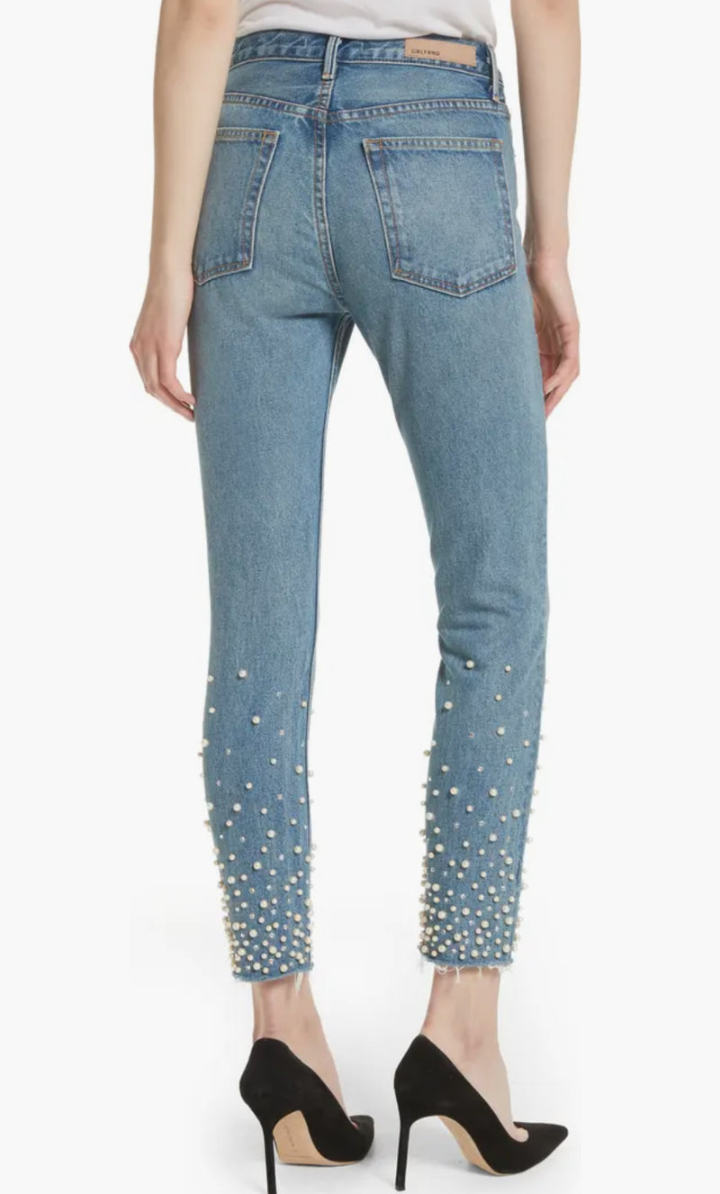 GRLFRND Karolina Faux Pearl & Crystal Embellished Rigid High Waist Skinny Jeans - Morning Star