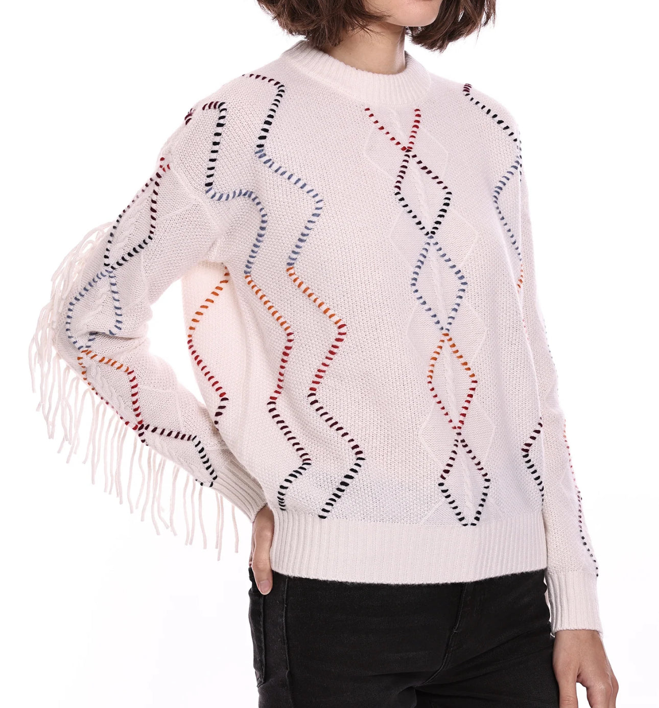 Minnie Rose Cable Corded Fringe Pullover - White Combo