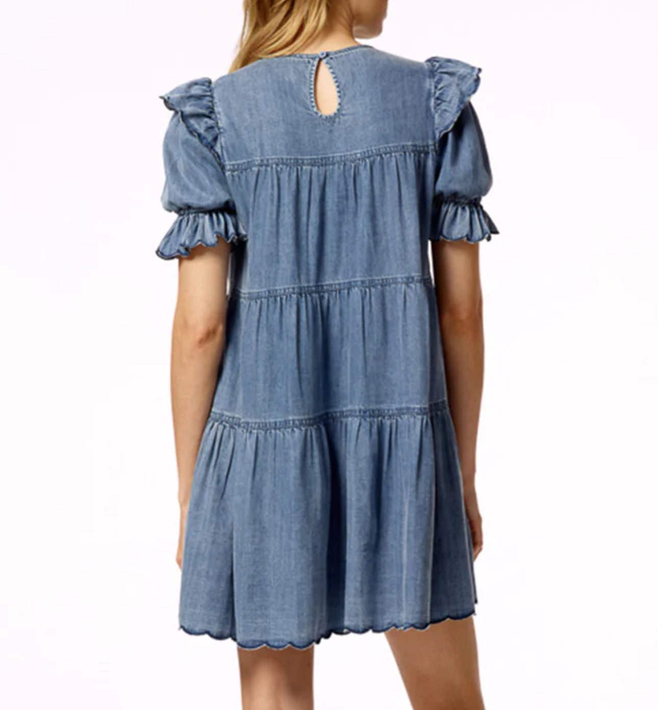 Stellah Washed Denim Puff-Sleeve Tiered Mini Dress - Denim