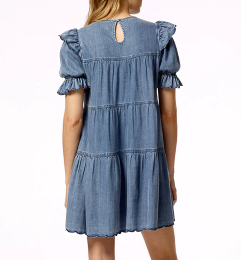 Stellah Washed Denim Puff-Sleeve Tiered Mini Dress - Denim