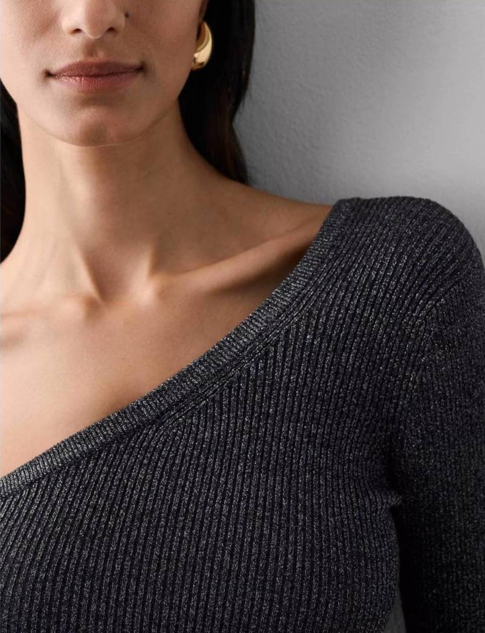 White + Warren Lurex Shine One Shoulder Top - Black