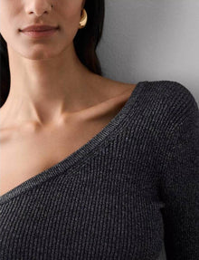 White + Warren Lurex Shine One Shoulder Top - Black