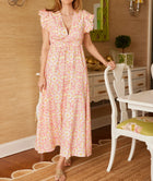 Sail To Sable Peach & Lemon Blush Medallion Print Flutter Sleeve V-Neck Maxi Dress