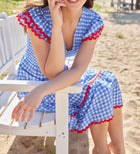 Sail To Sable Coastal Blue Gingham Smocked V-Neck Midi Dress with Ric-Rac