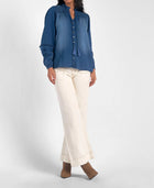 Elan Ruched Denim Tassel Top