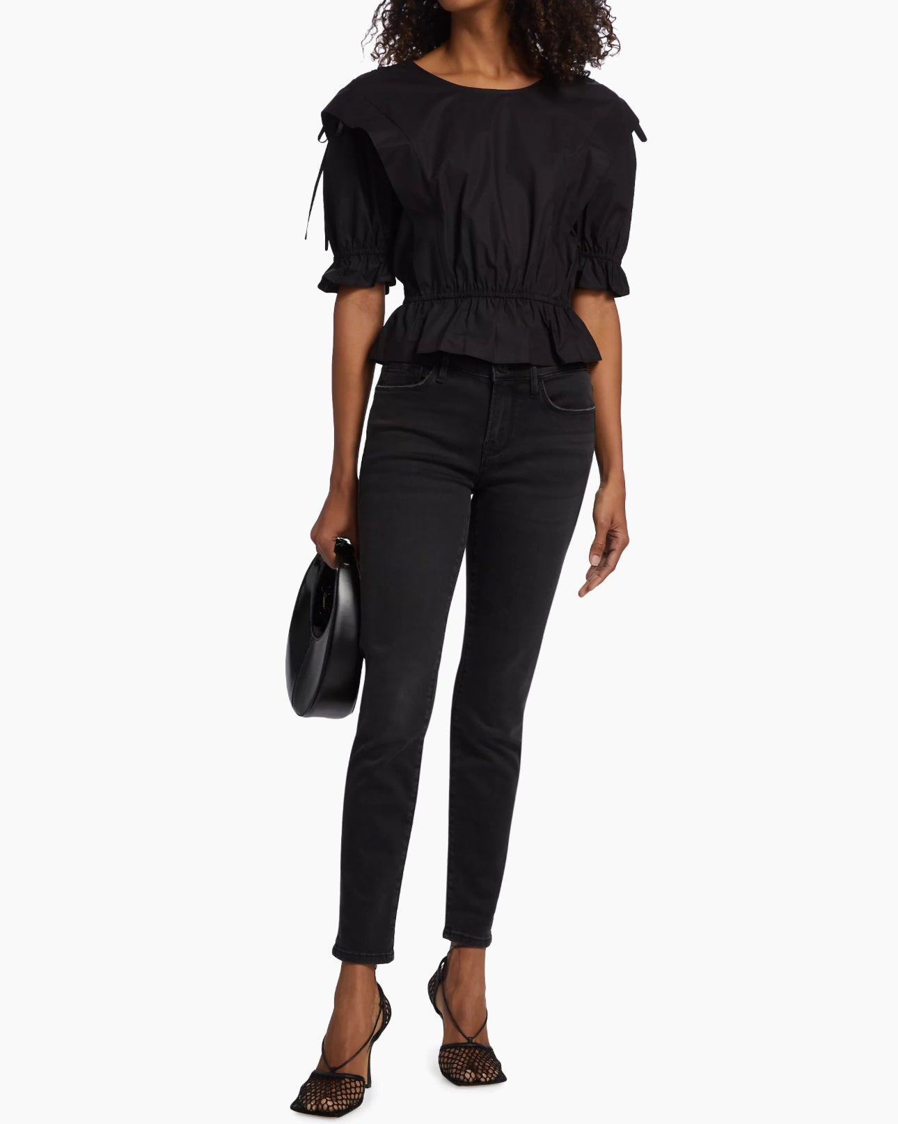 Frame Cotton Cinched Shoulder Tie Blouse - Black