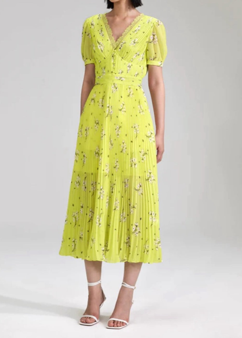 self-portrait Lime Floral Chiffon Dress
