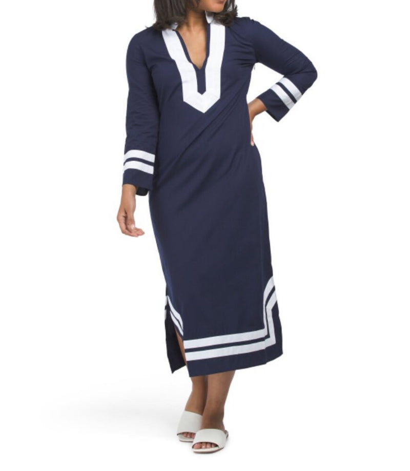 Sail To Sable Long Sleeve Classic Maxi Tunic - Navy/White