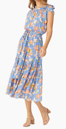 Shoshanna Peony Floral Tiered Midi Dress - Slate Blue Multi