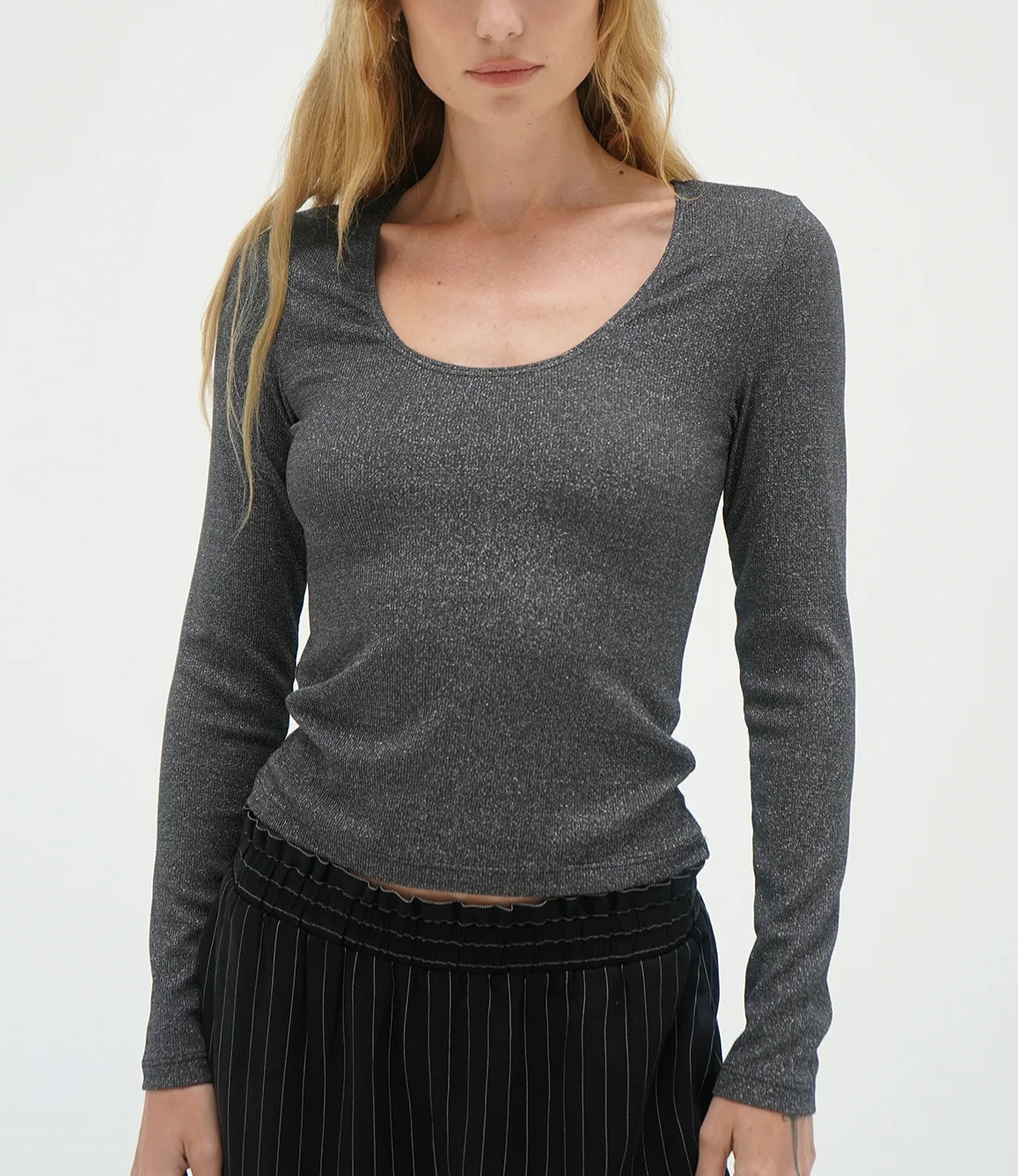 LNA Jacinda Lurex Rib Long Sleeve Top - Black