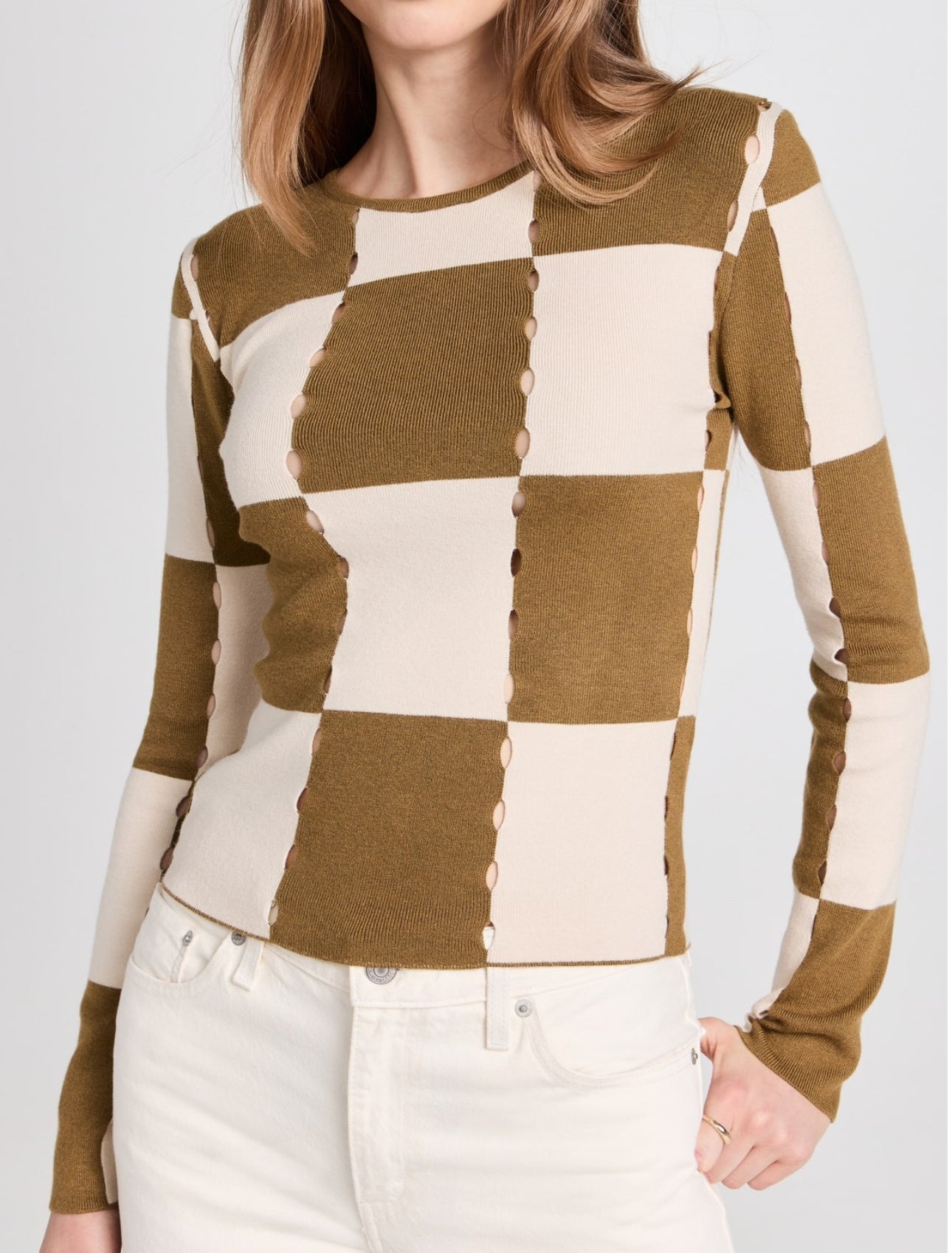 Moon River Checkerboard Sweater Top - Olive