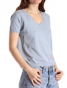 Minnie Rose Cotton Cashmere Frayed V Neck Tee - Seashore