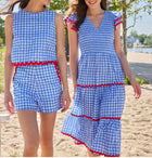 Sail To Sable Coastal Blue Gingham Smocked V-Neck Midi Dress with Ric-Rac