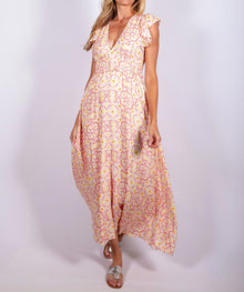 Sail To Sable Peach & Lemon Blush Medallion Print Flutter Sleeve V-Neck Maxi Dress