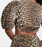 GANNI Printed Cotton Zipper Blouse - Big Leopard Almond Milk