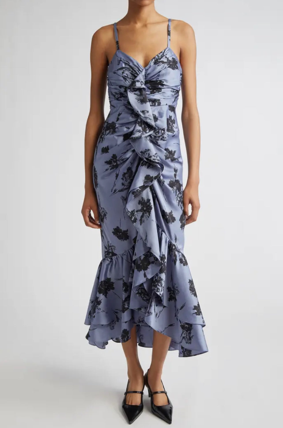 Cinq à Sept Akemi Cool Carnation Ruffle Detail Satin Dress - Rustic Blue Multi