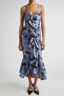 Cinq à Sept Akemi Cool Carnation Ruffle Detail Satin Dress - Rustic Blue Multi