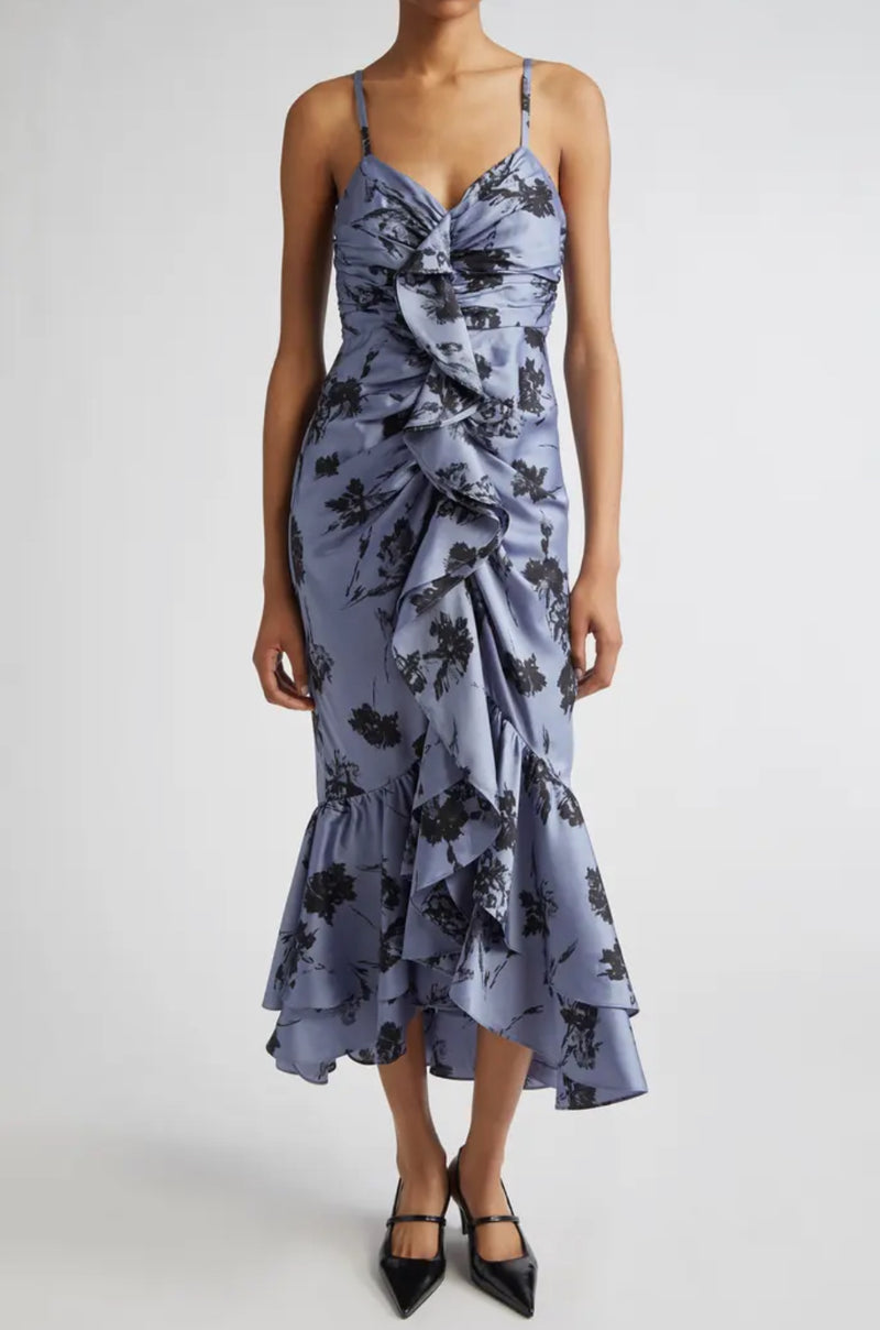 Cinq à Sept Akemi Cool Carnation Ruffle Detail Satin Dress - Rustic Blue Multi