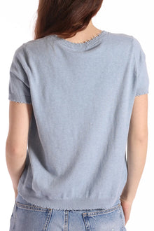 Minnie Rose Cotton Cashmere Frayed V Neck Tee - Seashore