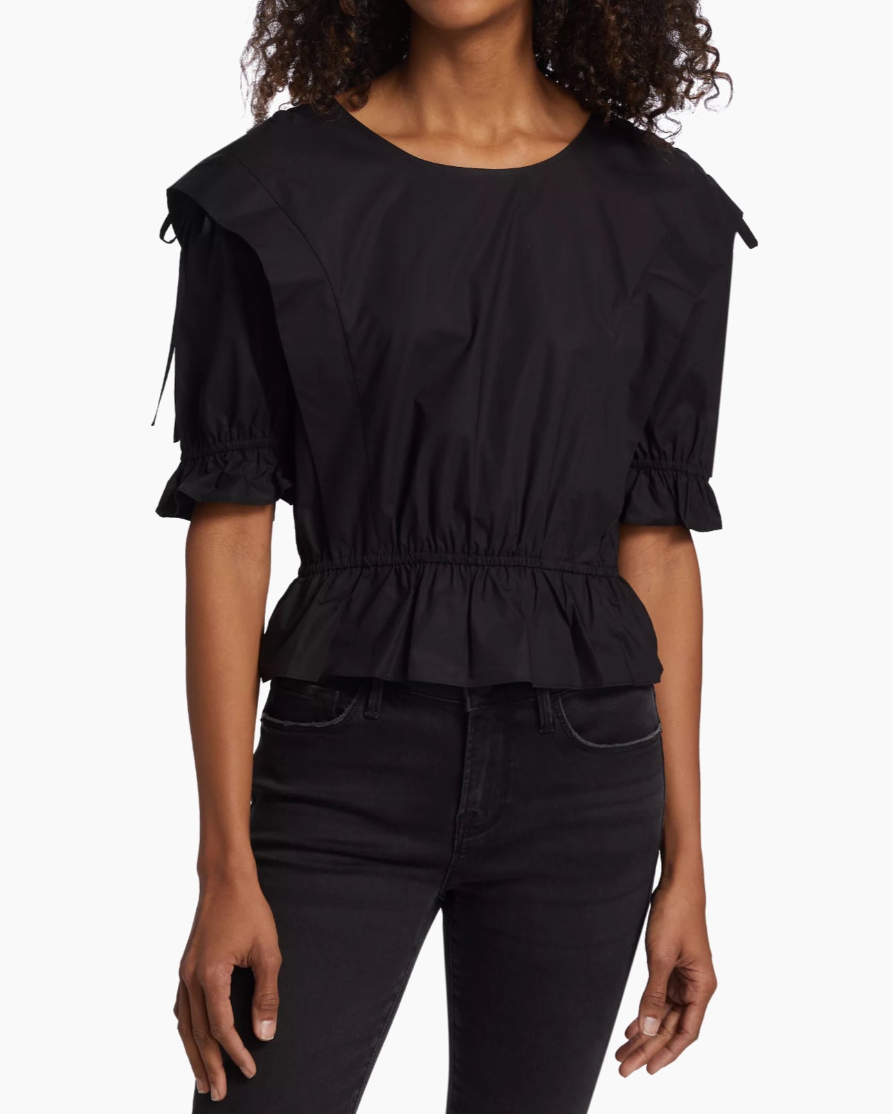 Frame Cotton Cinched Shoulder Tie Blouse - Black