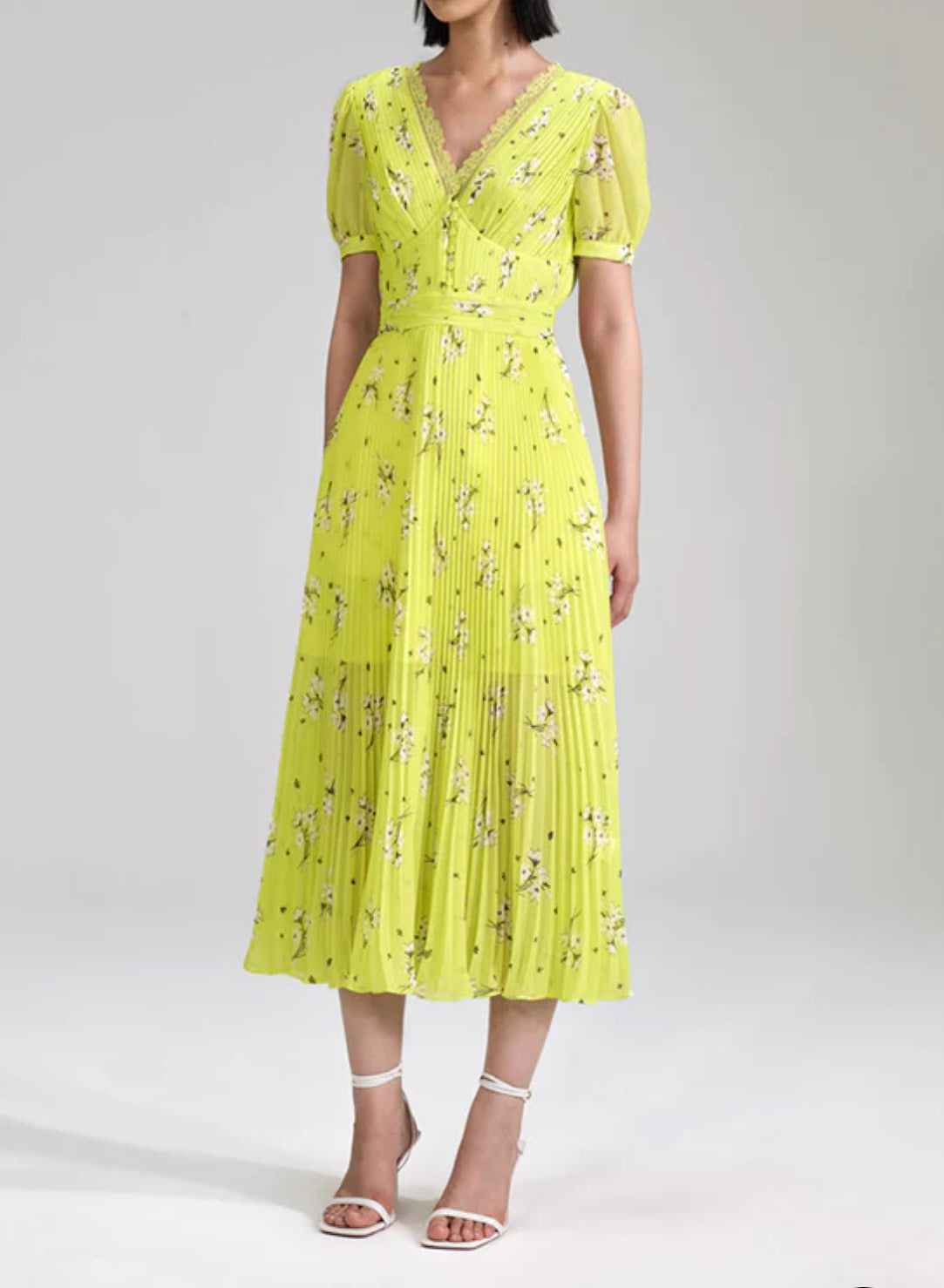 Self-Portrait Lime Floral Chiffon Midi Dress