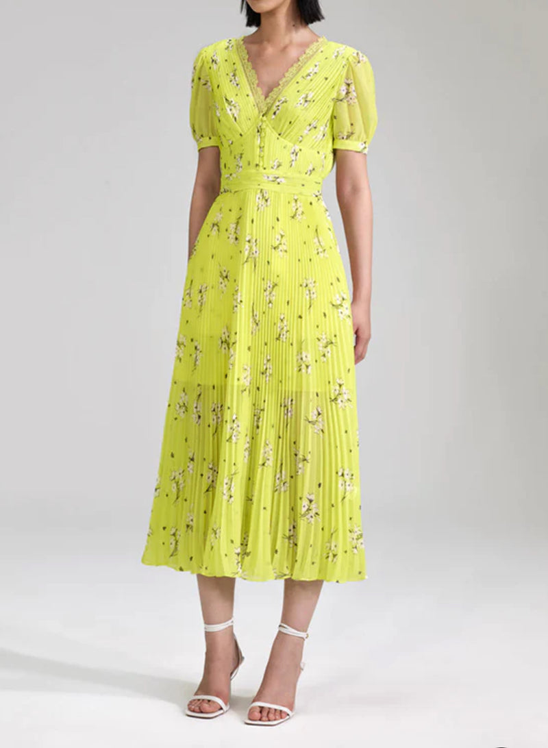 Self-Portrait Lime Floral Chiffon Midi Dress