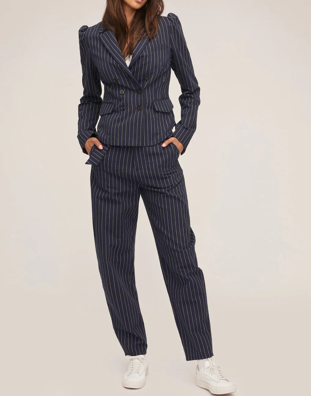 Marissa Webb Noel Double Breasted Navy Pinstripe Shirt Blazer