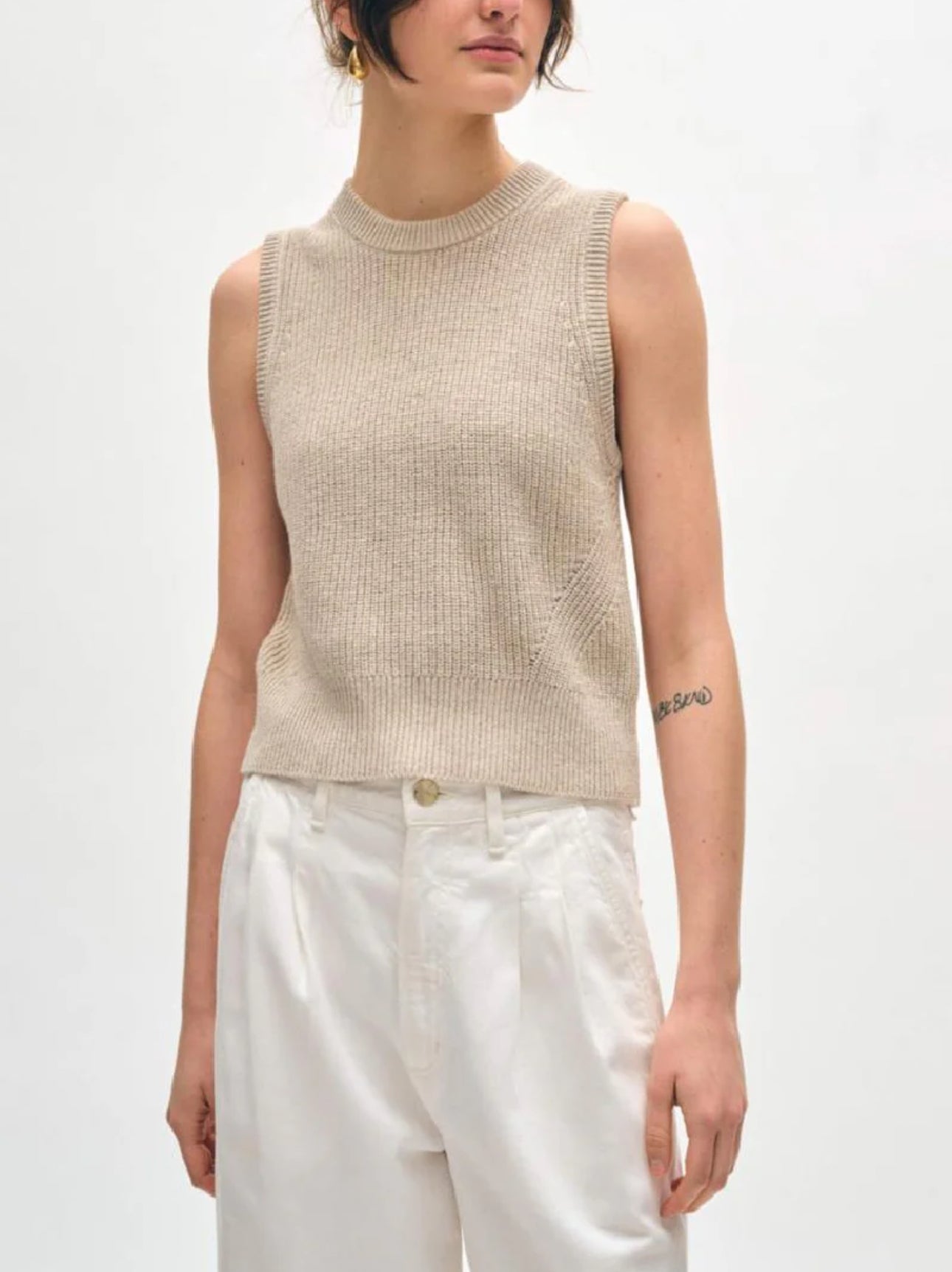 White + Warren Blend Ribbed Shell Top - Flax