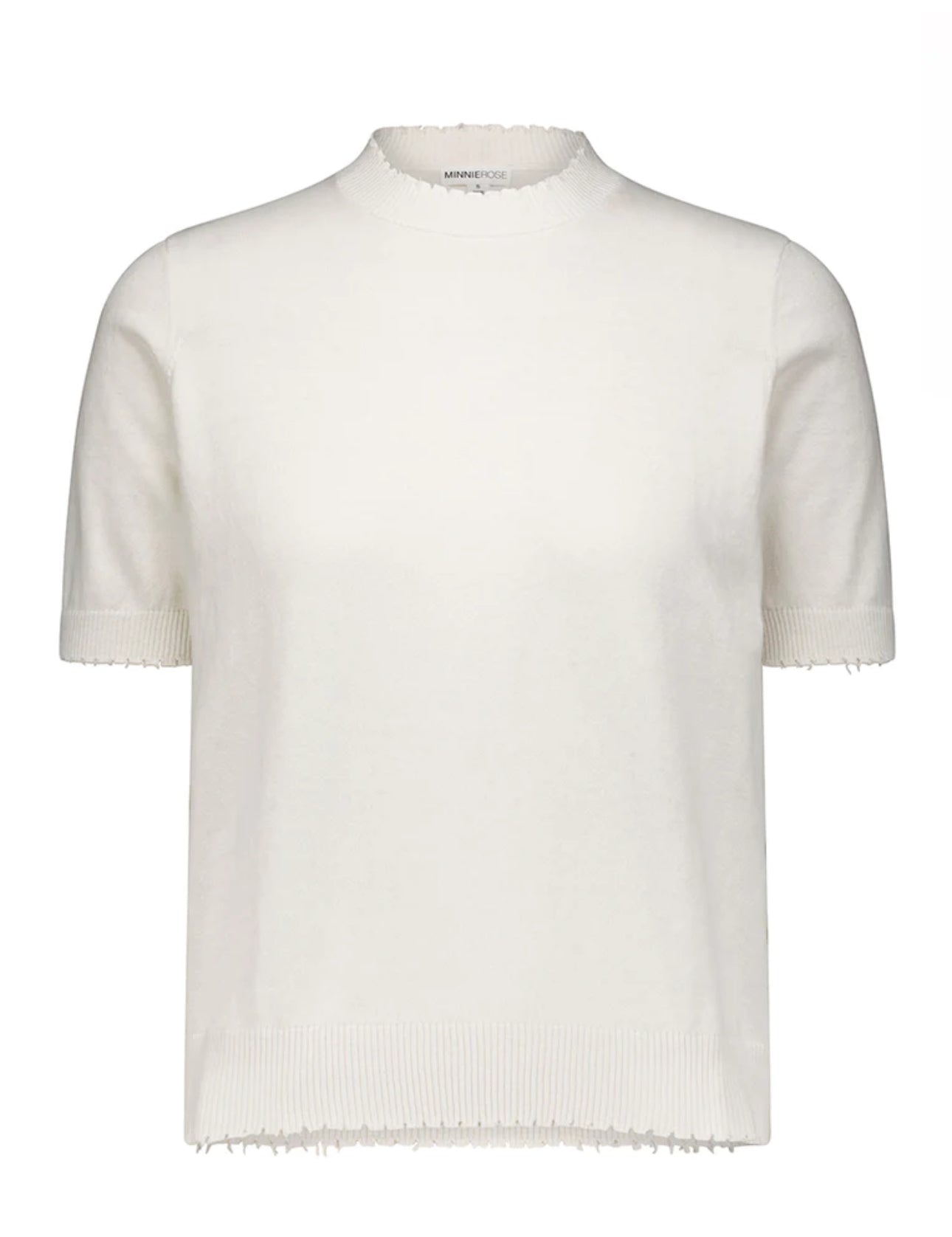 Minnie Rose Cotton Cashmere Boxy Frayed Tee - White