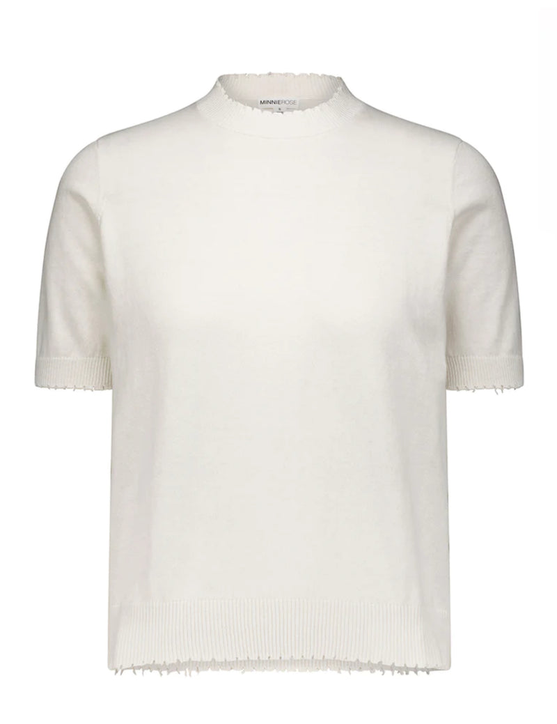 Minnie Rose Cotton Cashmere Boxy Frayed Tee - White