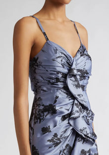 Cinq à Sept Akemi Cool Carnation Ruffle Detail Satin Dress - Rustic Blue Multi