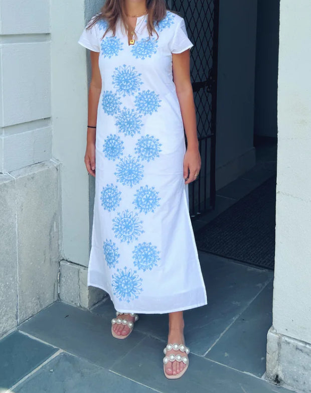 Madison Matthews Sara White Maxi Dress With Blue Embroidery