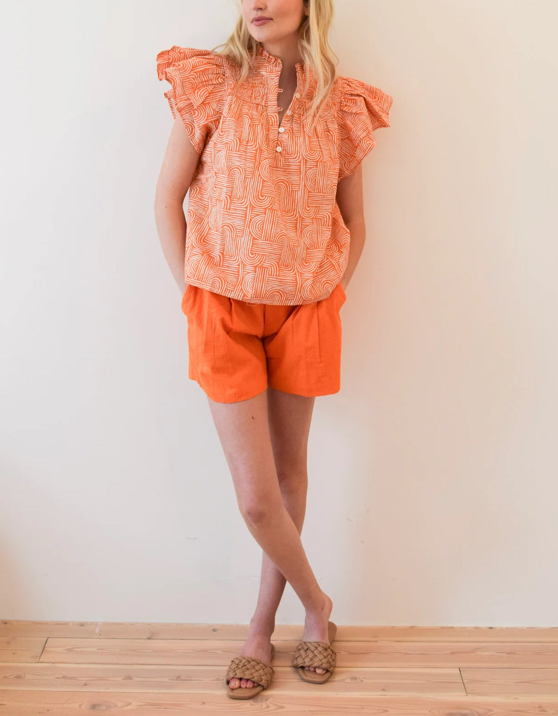 Never a Wallflower Smocked Burnt Orange Swirl Top