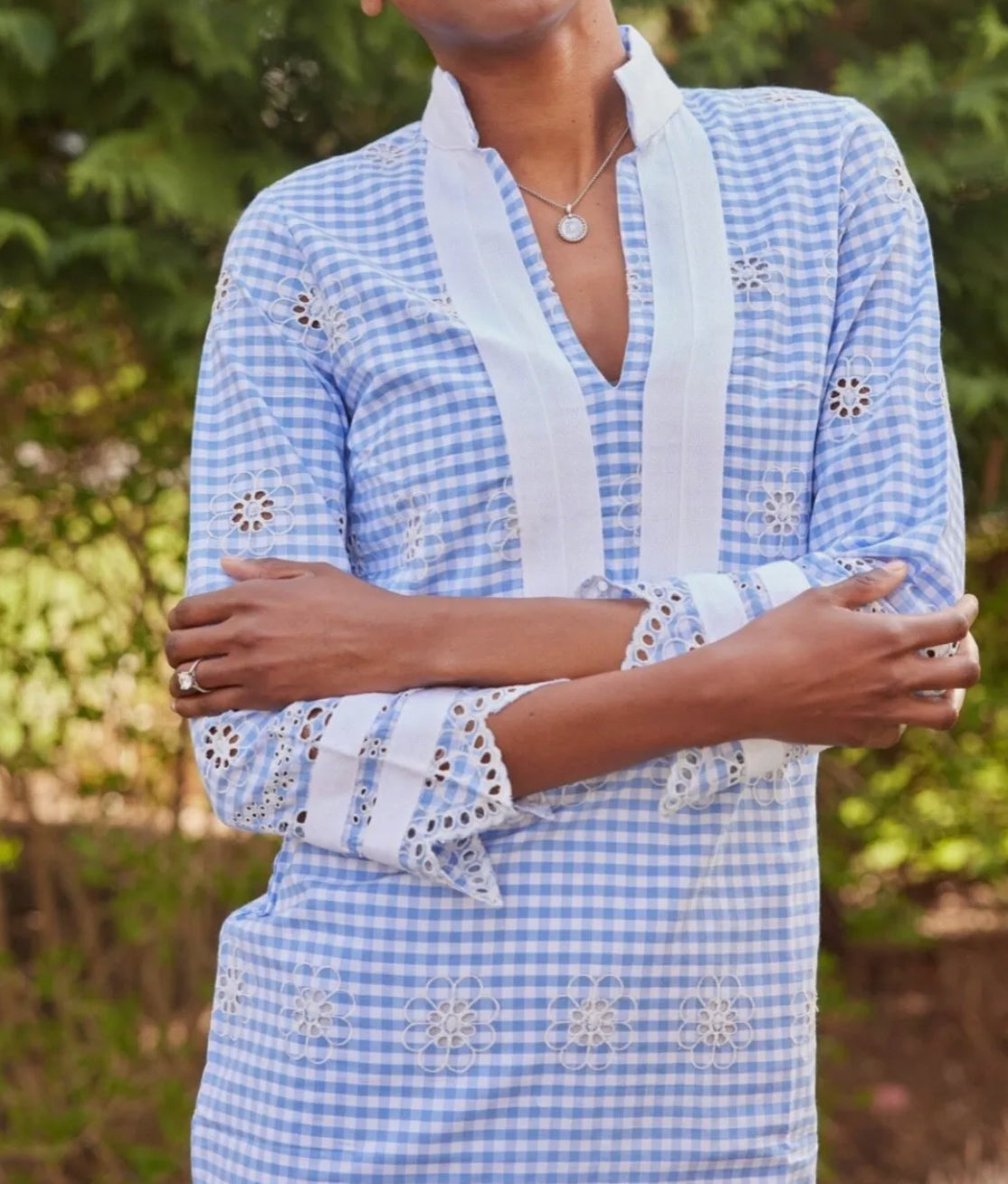 Sail to Sable Long Sleeve Gingham Tunic Dress - Blue