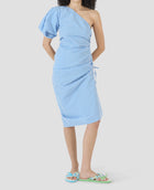 Rosie Assoulin One Shoulder Puff Sleeve Dress - Blue Seersucker Gingham