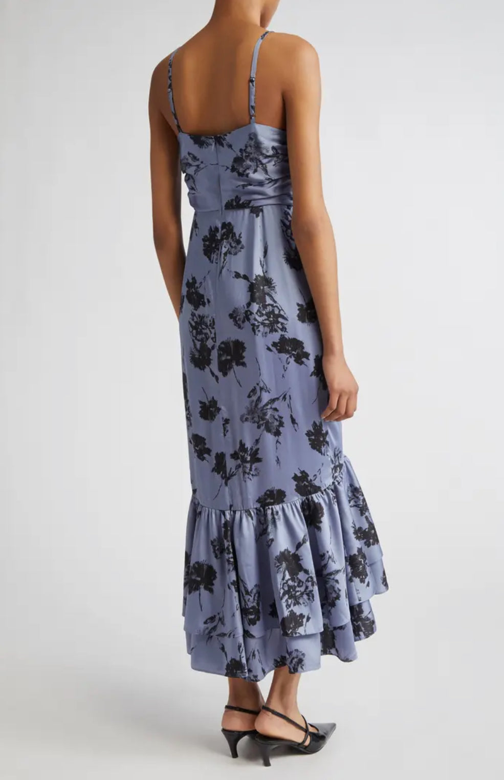 Cinq à Sept Akemi Cool Carnation Ruffle Detail Satin Dress - Rustic Blue Multi