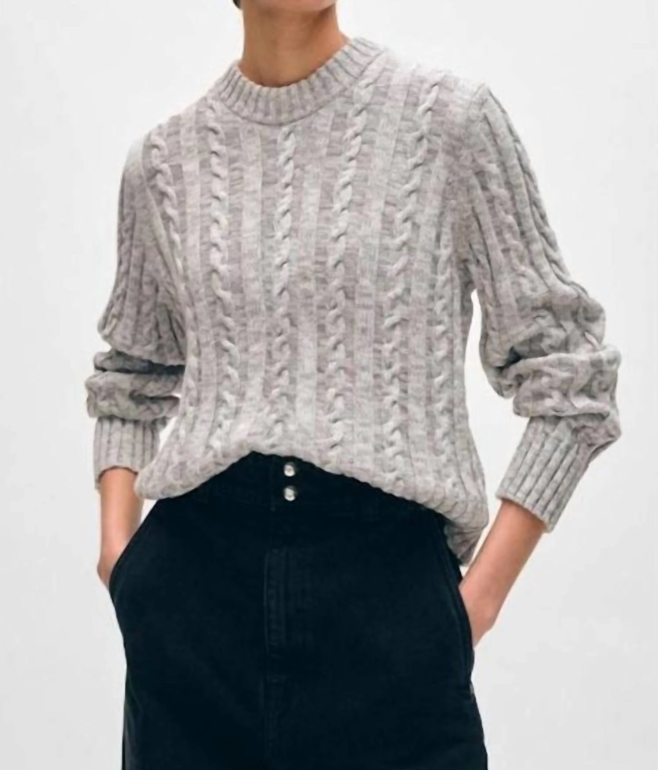 White + Warren Organic Cotton Cable Crew Sweater - Grey Marl