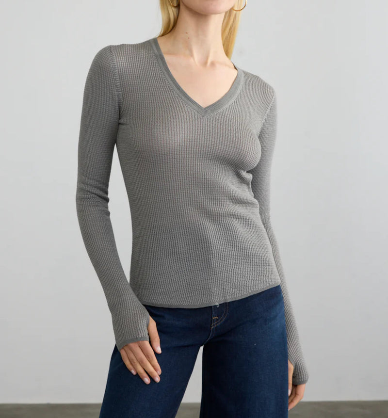 Margaret O'Leary Waffle V Neck - Gunmetal