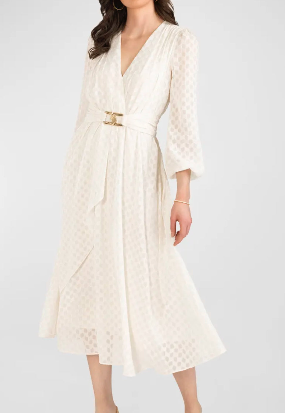 Shoshanna Emilie Belted Blouson Sleeve Midi Dress - Ivory