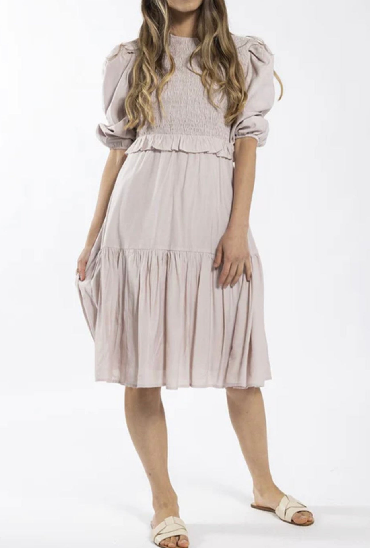 STATIC Smocked Puff Sleeve Dress - Blush