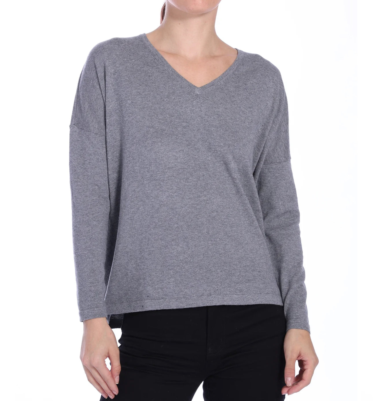 Minnie Rose Cotton Cashmere V Neck Pullover - Grey Shadow