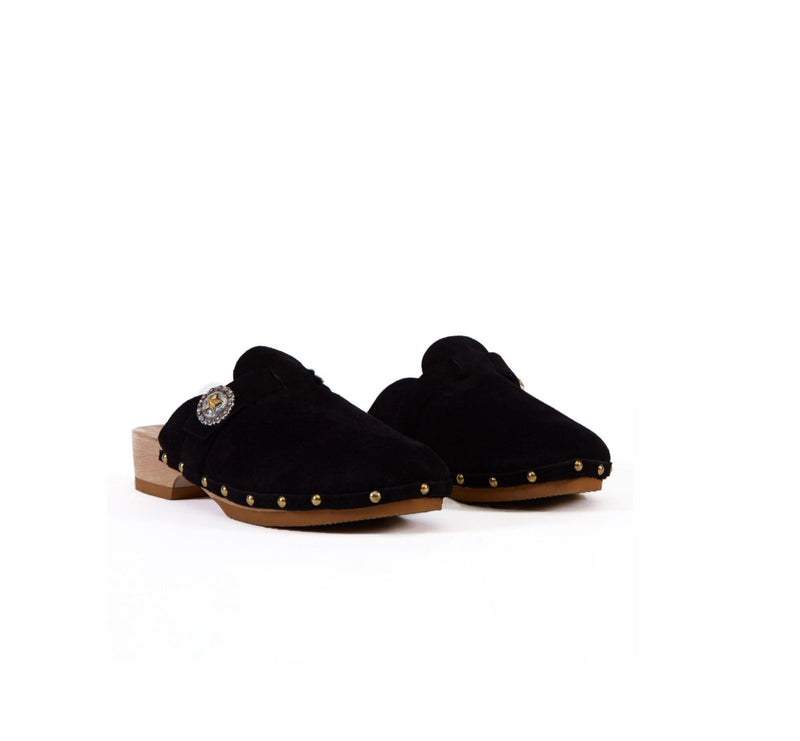 KATE CATE Allegra Suede Calfskin Clogs - Black