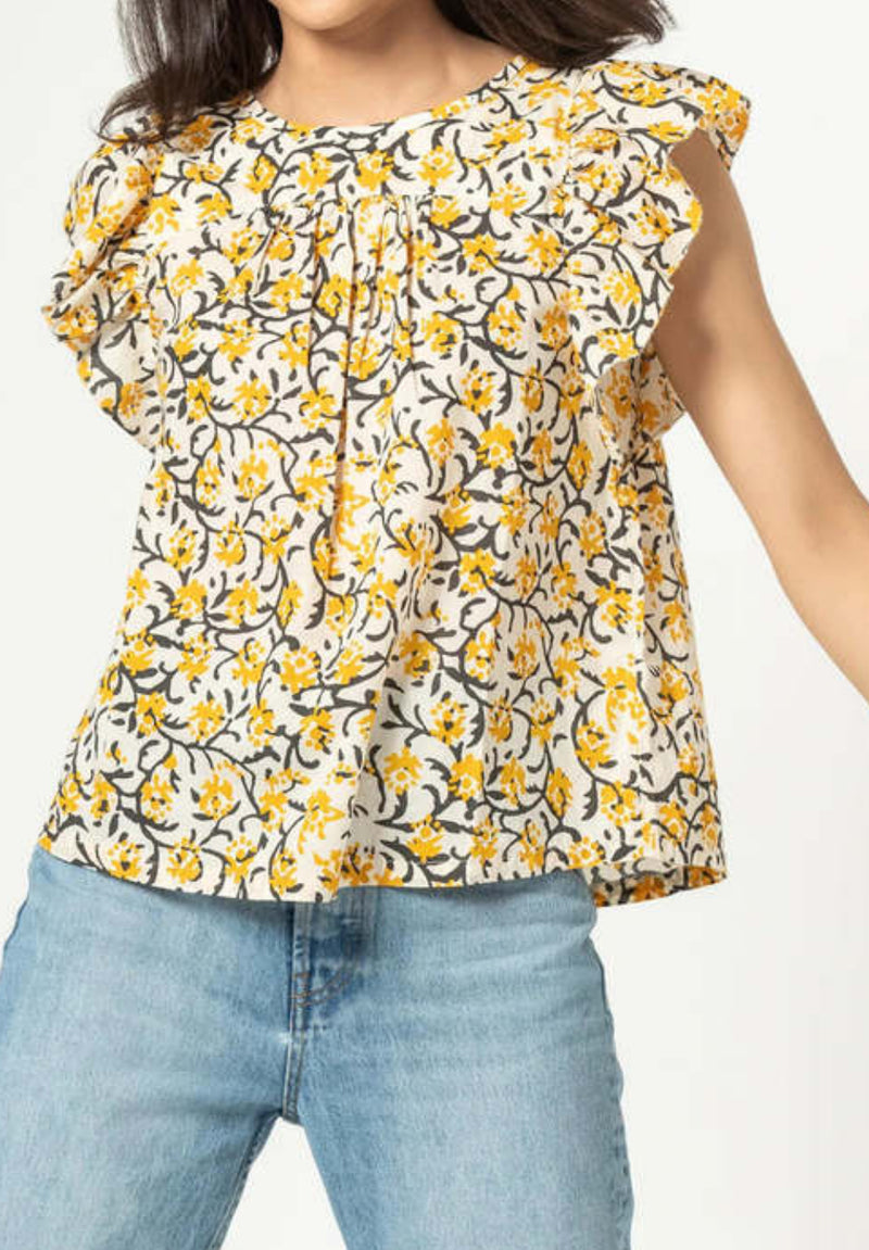 Lilla P Flutter Sleeve Seamed Top - Gold Print