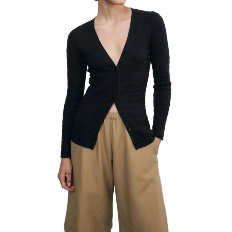 Enza Costa Linen Cotton V Neck Cardigan - Black