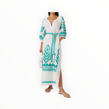 Greek Archaic Kori Feather Belted Maxi Dress - White/Emerald