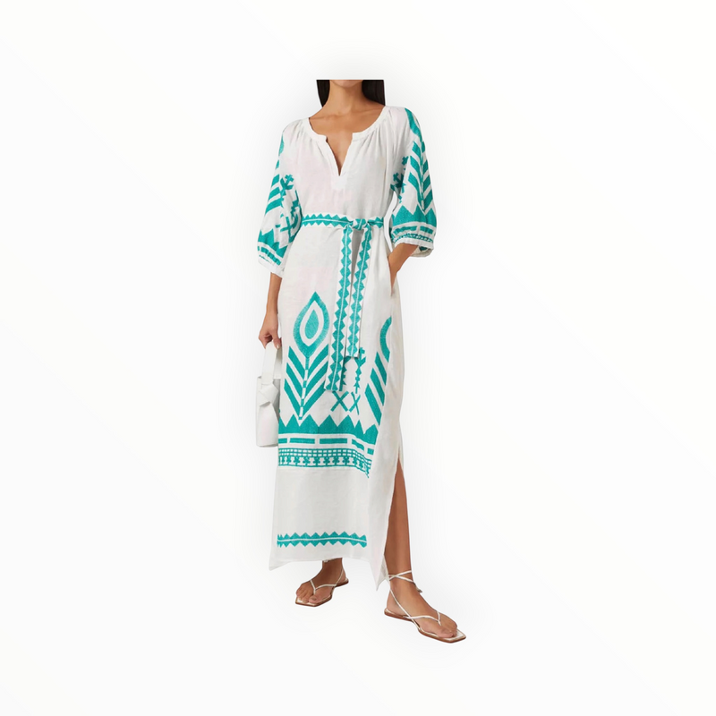 Greek Archaic Kori Feather Belted Maxi Dress - White/Emerald